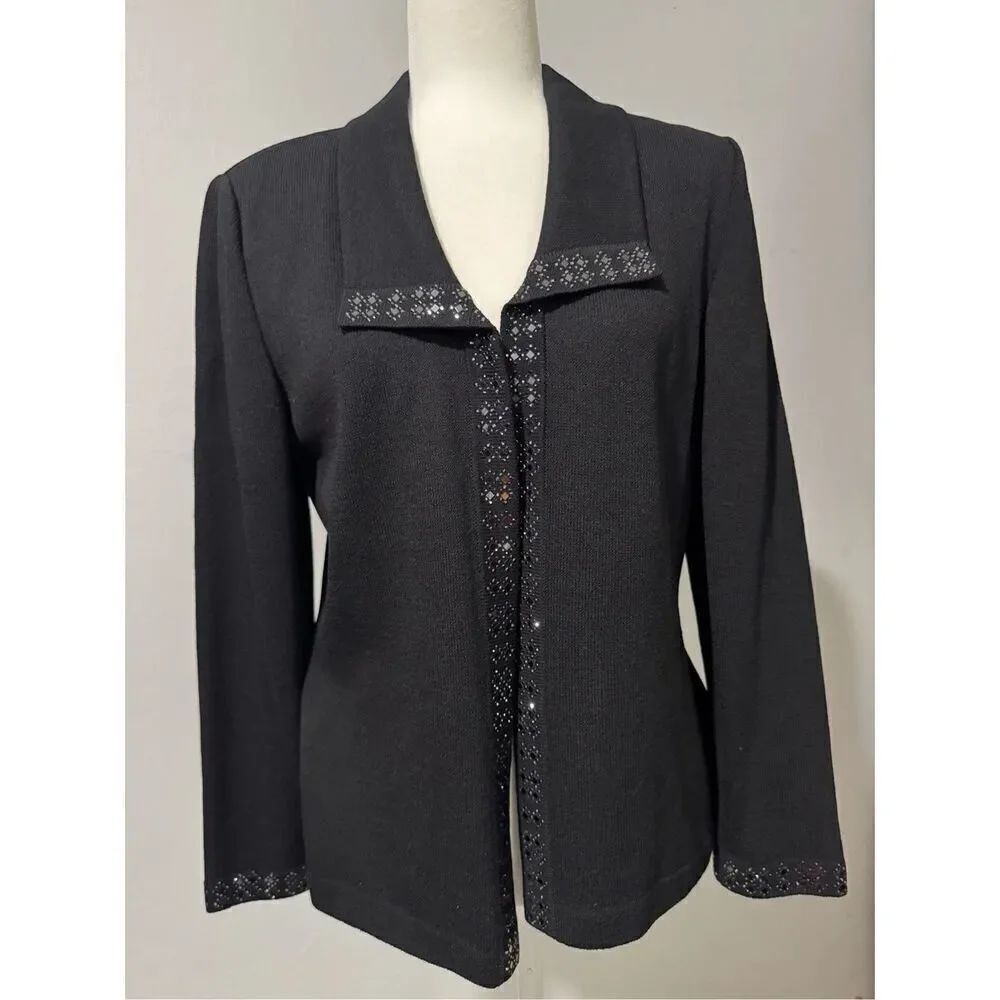 St John Evening black knit diamon rhinestone sequin trim 8 sweater